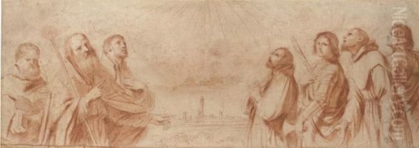 The Patron Saints Of Bologna:
Benedict, Petronius, Ignatius Loyola,francis Xavier, Proculus, Francis
Of Assisi And George, A View Ofbologna Beyond - view 1