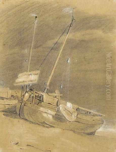 A beached fishing vessel at low tide - view 1