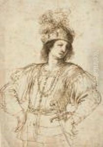A Young Man With A Sword In Elaborate Dress, His Hands On His Hips by Giovanni Francesco Barbieri