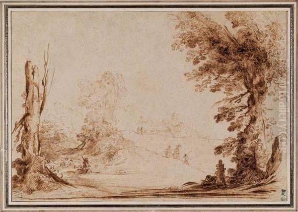 Berger Gardant Son Troupeau Dans Un Paysage, Des Figures I L'arriere-plan - view 1