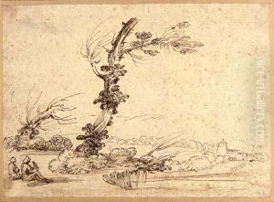 A Landscape With Falconers By A Tree by Giovanni Francesco Barbieri