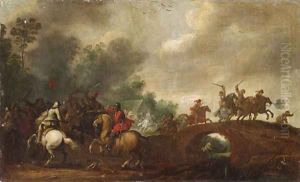 A Cavalry Skirmish on the outskirts of a Wood by a Bridge by Pieter Meulener