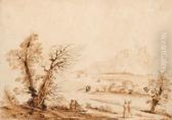An Italiante Landscape With An 
Elegant Couple Walking Along The Banks Of A River; And An Italianate 
Landscape With Travellers On A Country Path. - view 1