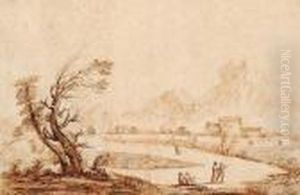 An Italianate River Landscape 
With Figures Resting Beneath A Tree; And An Italianate Landscape With 
Elegant Figures On A Country Path. by Giovanni Francesco Barbieri