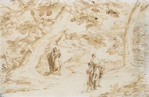 Baumbestandene Landschaft Mit Einem Eremiten Und Reisenden by Giovanni Francesco Barbieri