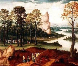 An extensive wooded river landscape with St John the Baptist preaching