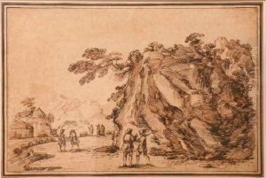 Figures In A Landscape With A Huge Boulder by Giovanni Francesco Barbieri