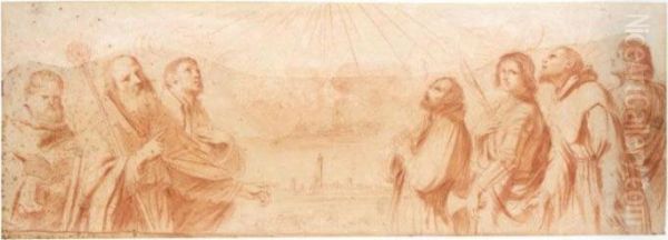 Seven Saints: St. Benedict, St.
Petronius, St. Ignatius Loyola, St. Francis Xavier, St. Proculus, St.
Francis And Perhaps St. George, A View Of Bologna Beyond - view 1