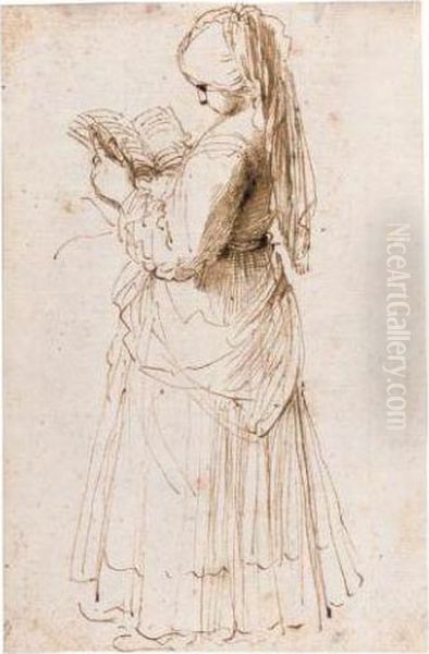 Young Woman Standing Reading - view 1