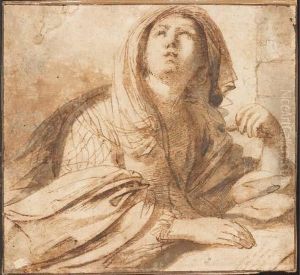 A Seated Sybil Looking Up To The Left, Half-length, Resting Herhand On A Book by Giovanni Francesco Barbieri