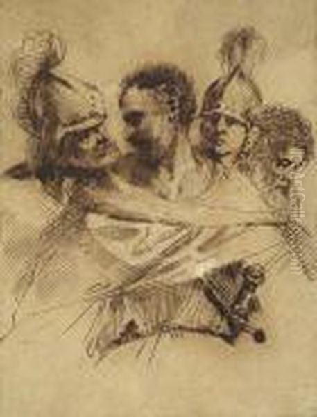 Studies Of Four Men's Heads: Two Soldiers And Two Beardedmen - view 1