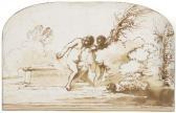 Deux Baigneuses Pres D'un Sarcophage Romain, L'une Essayant L'eau,une Troisieme Nageant - view 1