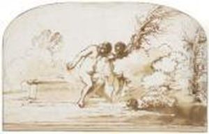 Deux Baigneuses Pres D'un Sarcophage Romain, L'une Essayant L'eau,une Troisieme Nageant by Giovanni Francesco Barbieri