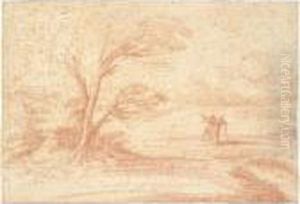 A Landscape With A Tree And Two 
Travellers Near A Pond In The Foreground, And Distant Buildings Behind