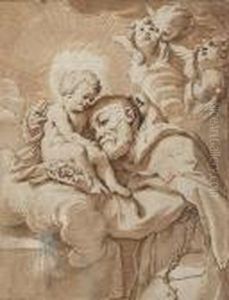 Capucin Monk Adoring The Christ Child, Four Cherubim Above