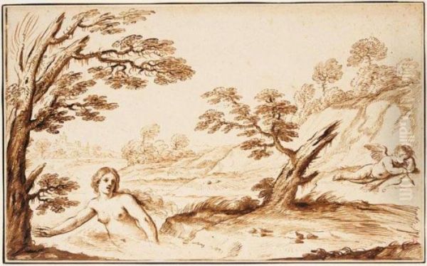 Venus Bathing In A River And Cupid Ashore Resting - view 1