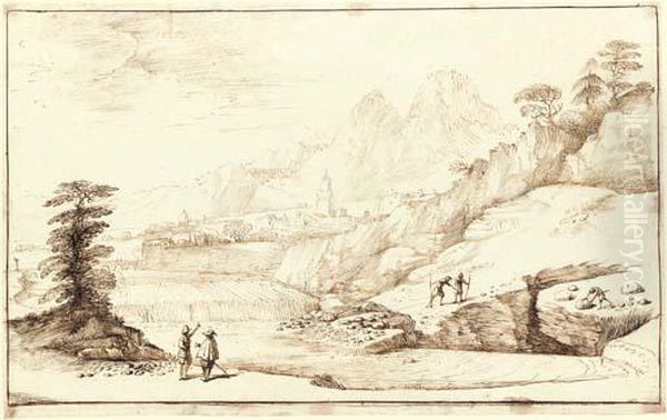 An Extensive Mountainous Landscape With Travellers - view 1
