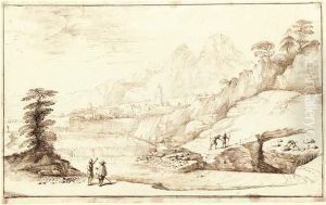 An Extensive Mountainous Landscape With Travellers by Giovanni Francesco Barbieri