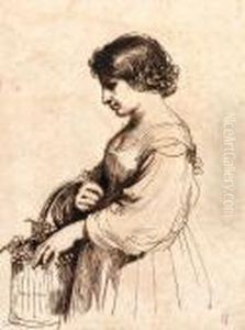 A Young Girl Holding A Basket Of Grapes by Giovanni Francesco Barbieri
