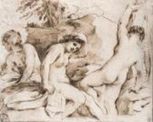 Three Nymphs Bathing In A Mountain Pool by Giovanni Francesco Barbieri