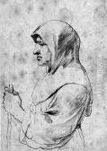 An Old Monk Standing In Profile To The Left, Holding A Staff