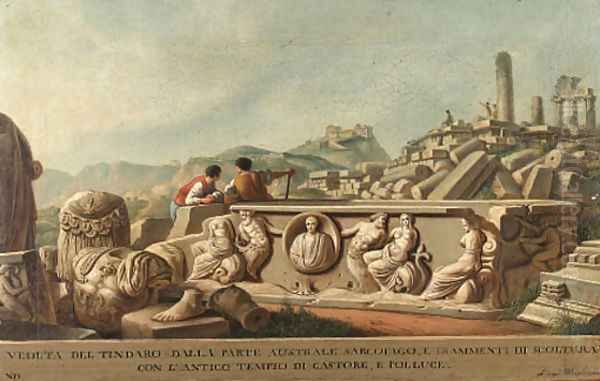 A view of Tyndareus from the South, with figures by a sarcophagus and fragments of scuplture, the ruins of a temple - view 1