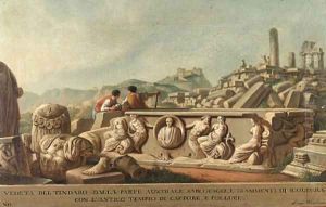 A view of Tyndareus from the South, with figures by a sarcophagus and fragments of scuplture, the ruins of a temple