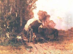 Poor Family Resting on their Travels 1881 by Geza Meszoly