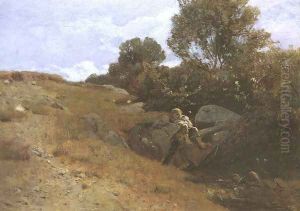 Landscape with Sleeping Boy 1870-75 by Geza Meszoly