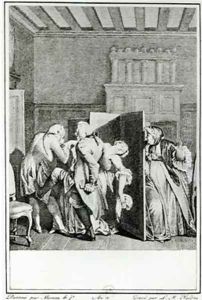 The Baron saluted Candide with some notable kicks on the breech and drove him out of doors by Jean-Michel Moreau