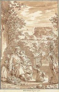 A family reunion in a garden by Jean-Michel Moreau