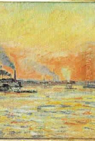Soleil Couchant Au Confluent De 
La Seine Et De La Marne A Ivry, Vers 1889 Huile Sur Toile Signee En Bas A
 Gauche - view 1