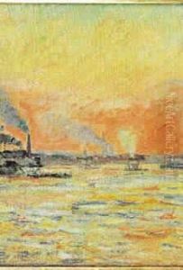 Soleil Couchant Au Confluent De 
La Seine Et De La Marne A Ivry, Vers 1889 Huile Sur Toile Signee En Bas A
 Gauche