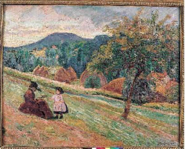 Femme Et Enfant Assis Sur Un Coteau A Bretigny, Circa 1890 - view 1