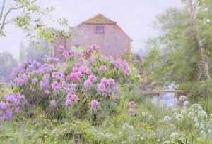 Rhododendrons by a watermill by George Marks