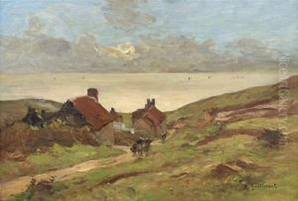 Guillemet, Antoine: Sand Dunes Landscape Withhouses. Oil On Wood. Signed - view 1
