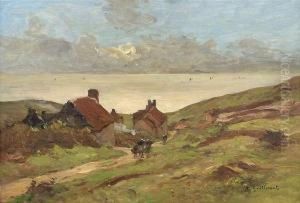 Guillemet, Antoine: Sand Dunes Landscape Withhouses. Oil On Wood. Signed by Jean Baptiste Antoine Guillemet
