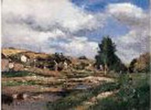 Paysage Avec Une Femme Marchant Au Bord De La Riviere Et Un Village En Arriere Plan by Jean Baptiste Antoine Guillemet