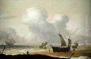 Coastal scene with fishing pinks inshore and a Man OWar offshore