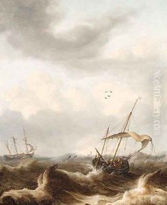 A kaag and a fluyt in a storm by Pieter the Younger Mulier