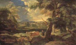 An Italianate landscape with a herdsman watering his livestock by Pieter the Younger Mulier