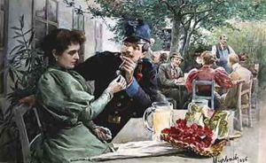 Soldier and a Young Girl Drinking New Wine 1896 by Felicien baron de Myrbach-Rheinfeld