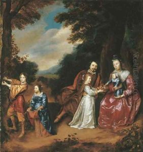 A group portrait of a family in a landscape by Jan Mijtens