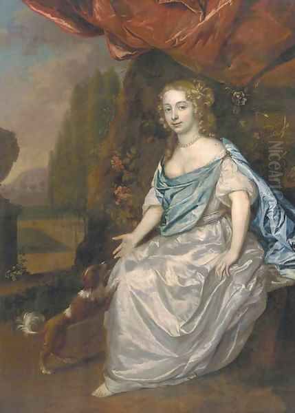 Portrait of a lady, full-length, in a white satin dress and blue wrap, seated in a garden with a spaniel nearby - view 1