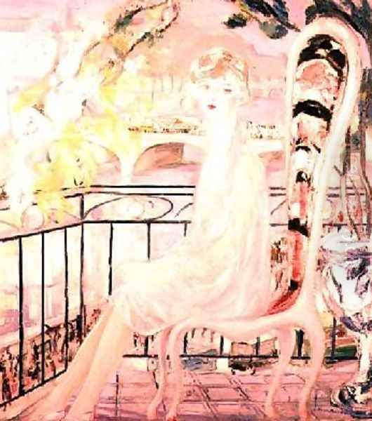 Portrait of Dolly Davis on a balcony in front of the old bridge of Alma - view 1