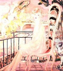 Portrait of Dolly Davis on a balcony in front of the old bridge of Alma by Jacqueline Marval