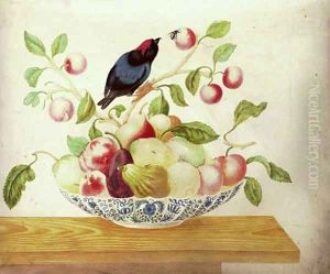 Still life with a Bee-eater perched a branch arranged in a Delft bowl with cherries, pears, apples, peaches and figs by Maria Sibylla Merian