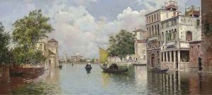 A Venetian Canal with a View of the Island of San Giorgio Maggiore in the distance by Antonio Reyna Manescau