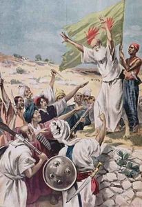 Preaching Holy War during an uprising in British India illustration from Le Petit Journal 1897 by Fortune Louis Meaulle