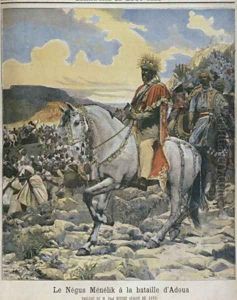 Negus of Ethiopia Menelik II 1844-1913 at the battle of Adowa illustration from Le Petit Journal 28th August 1898